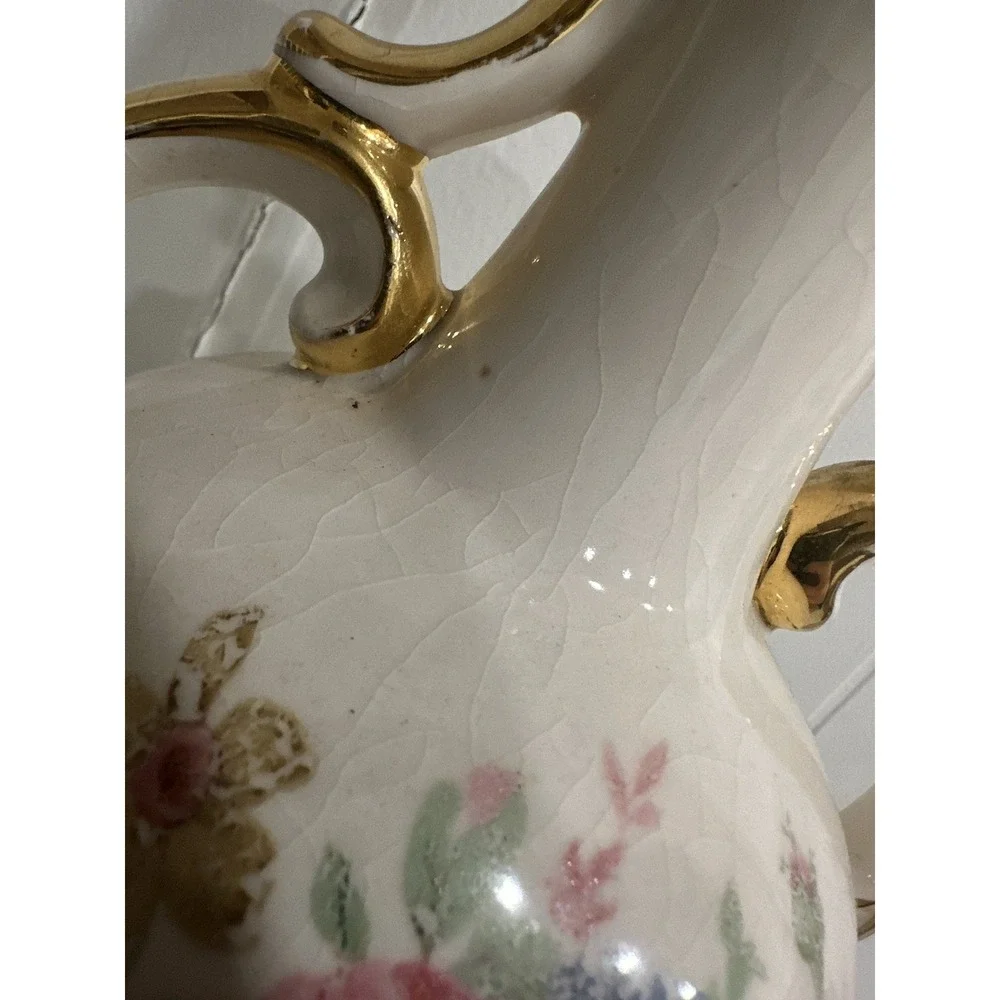 Antique Hand-Painted Porcelain Table Lamp –Floral England Urn Style, Gold Accent